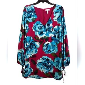 Leith Burgundy Blue Floral Mini Dress With Wrist Ties Size Medium